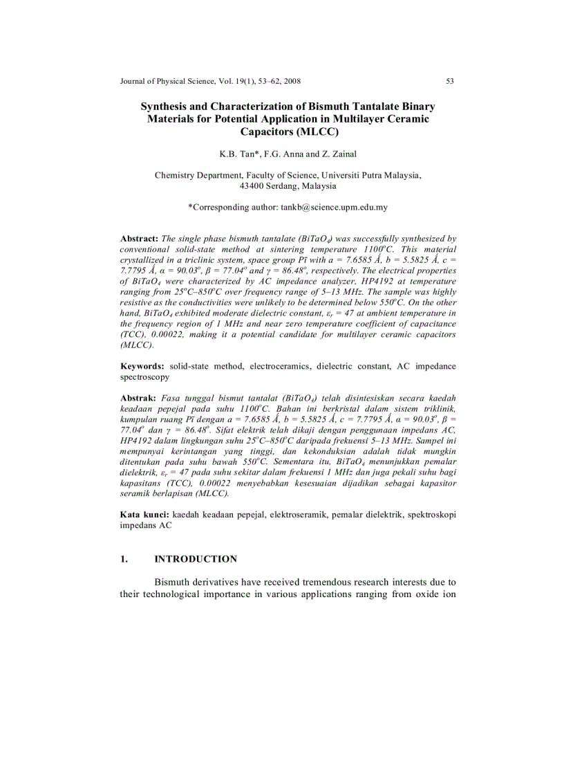 Synthesis and Characterization of Bismuth Tantalate Binary Materials for Potential Application in Multilayer Ceramic Capacitors MLCC