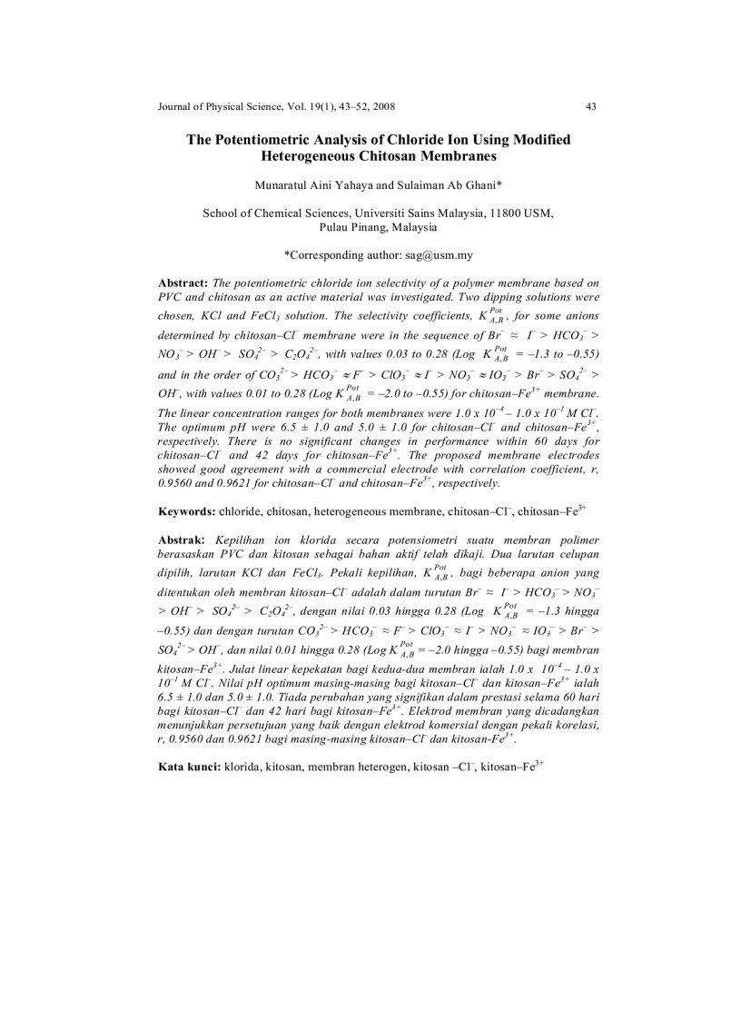 The Potentiometric Analysis of Chloride Ion Using Modified Heterogeneous Chitosan Membranes