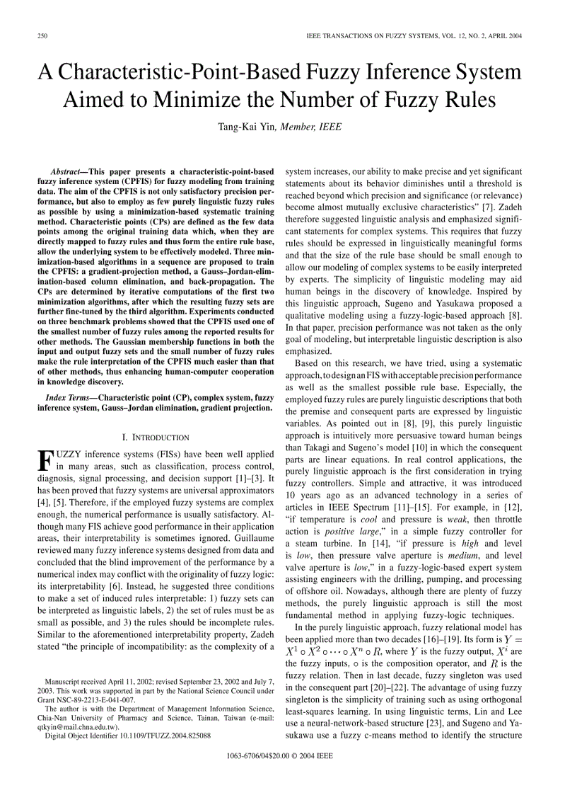 A Characteristic Point Based Fuzzy Inference System Aimed to Minimize the Number of Fuzzy Rules