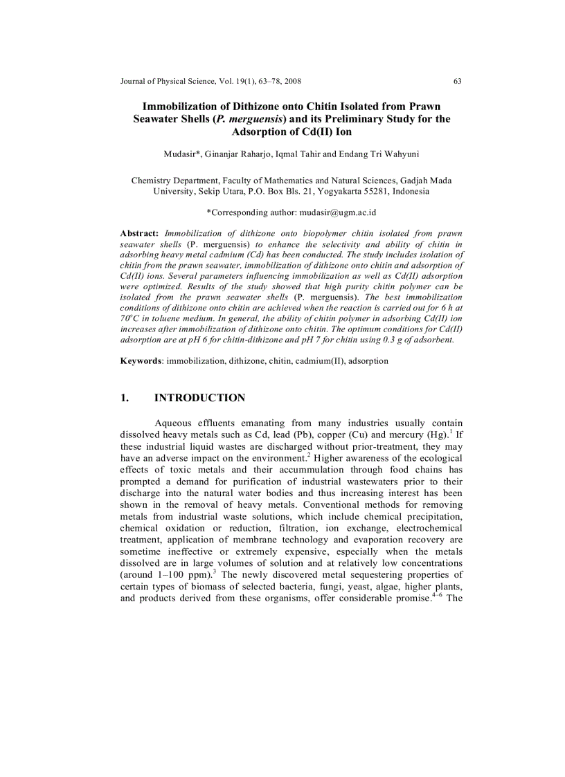 Immobilization of Dithizone onto Chitin Isolated from Prawn Seawater Shells P merguensis and its Preliminary Study for the Adsorption of Cd II Ion