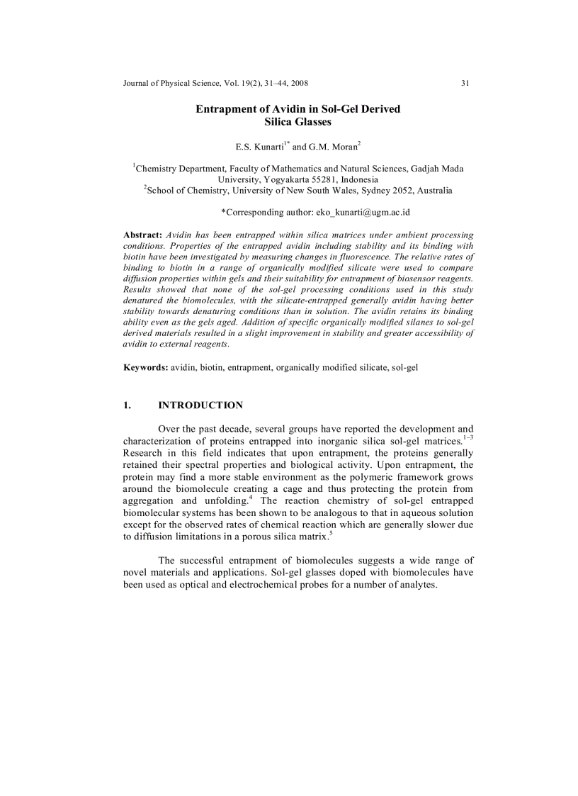 Entrapment of Avidin in Sol Gel Derived Silica Glasses