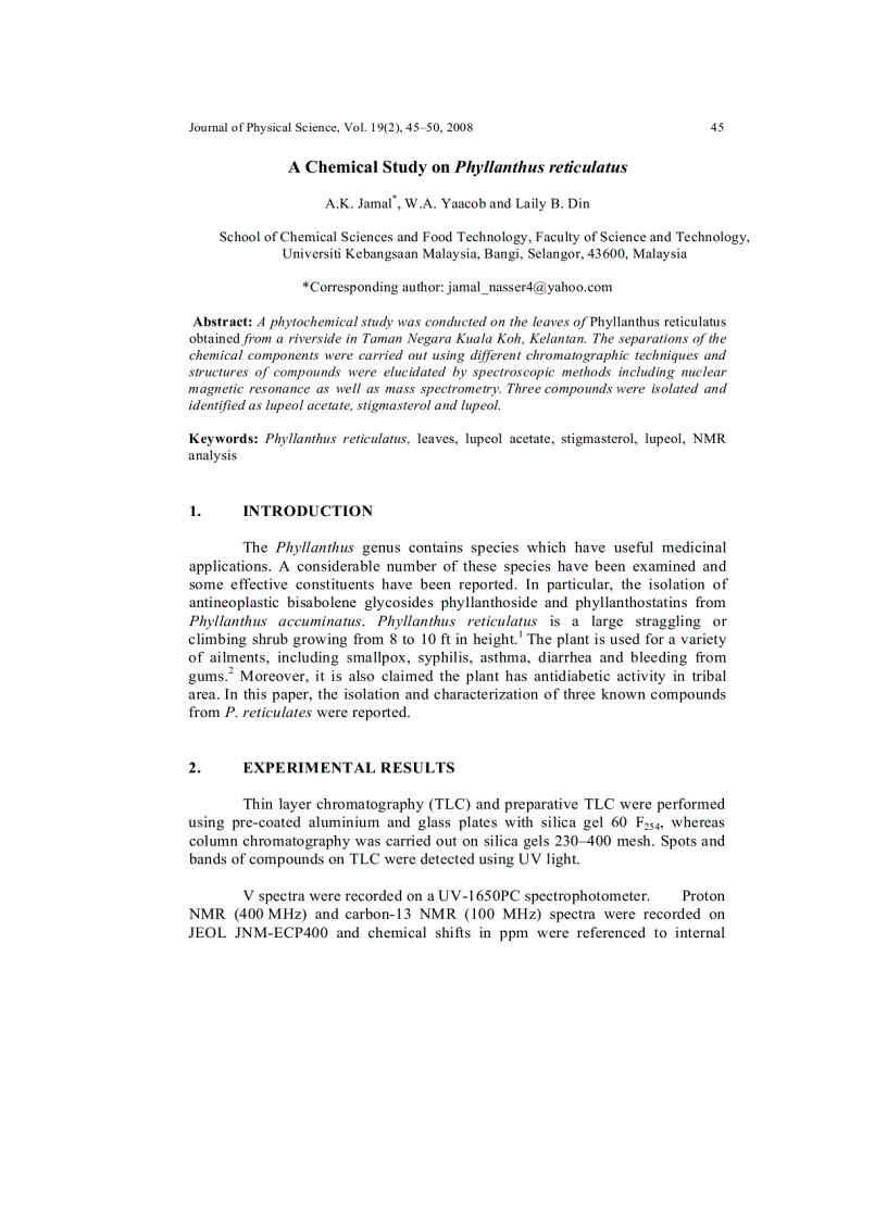 A Chemical Study on Phyllanthus reticulatus