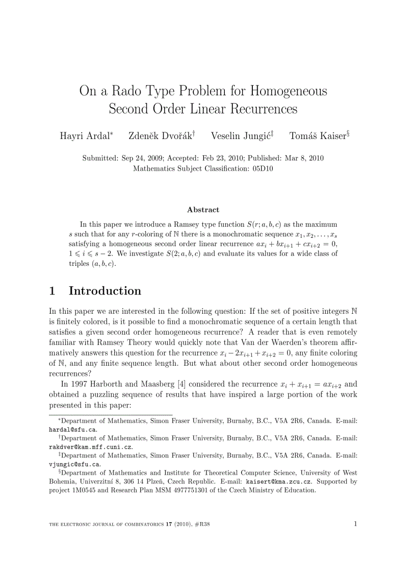 On a Rado Type Problem for Homogeneous Second Order Linear Recurrences