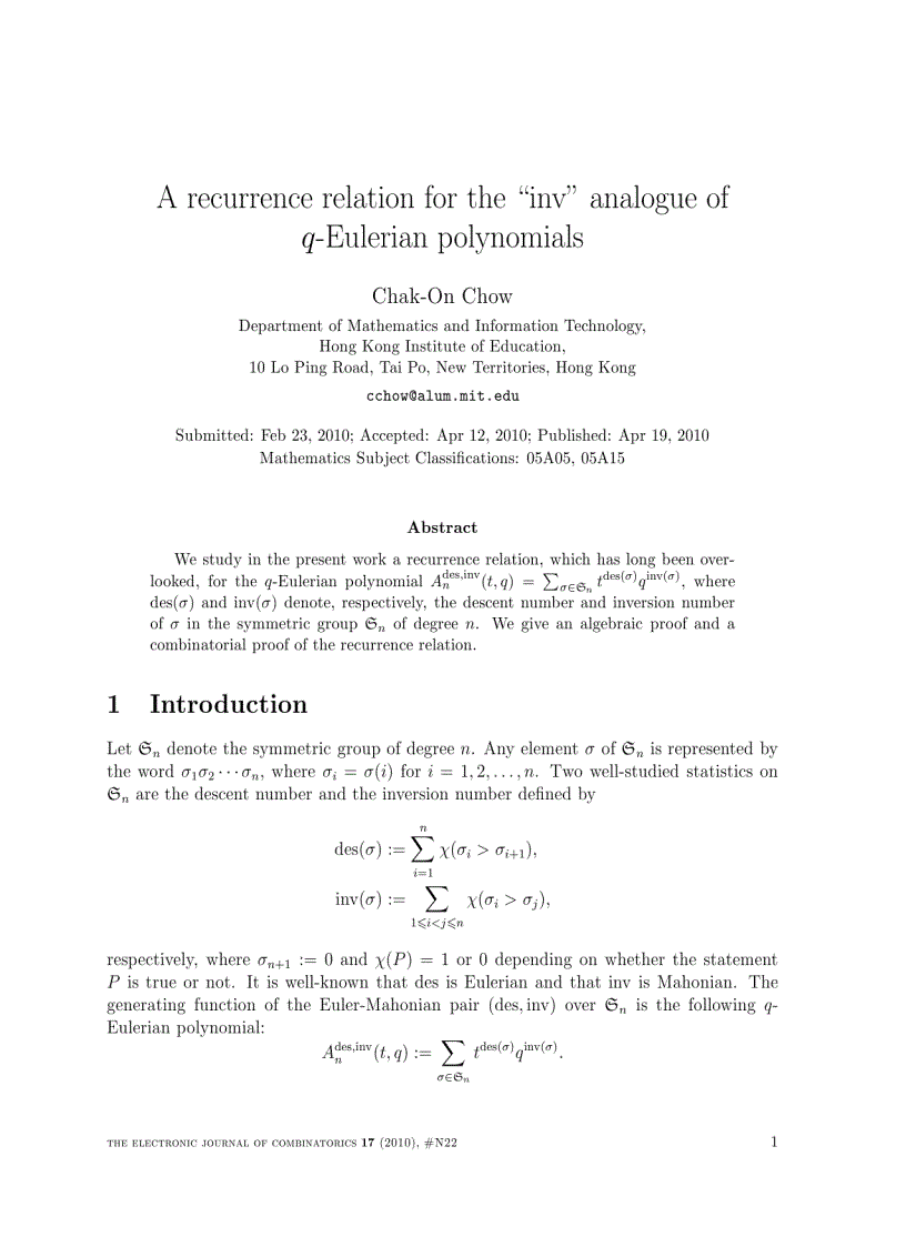 A recurrence relation for the inv analogue of q Eulerian polynomials