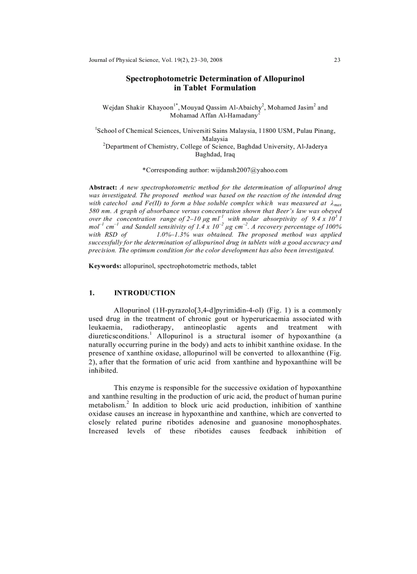 Spectrophotometric Determination of Allopurinol in Tablet Formulation