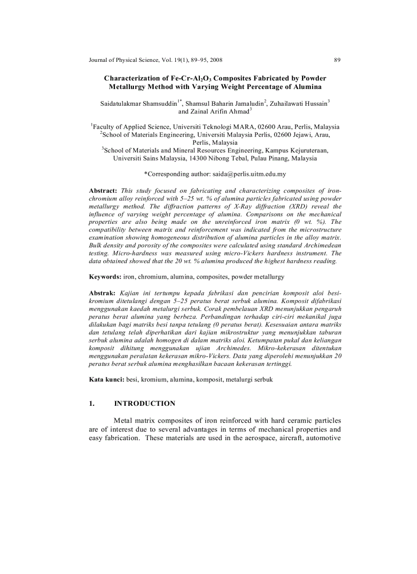 Characterization of Fe Cr Al2O3 Composites Fabricated by Powder Metallurgy Method with Varying Weight Percentage of Alumina