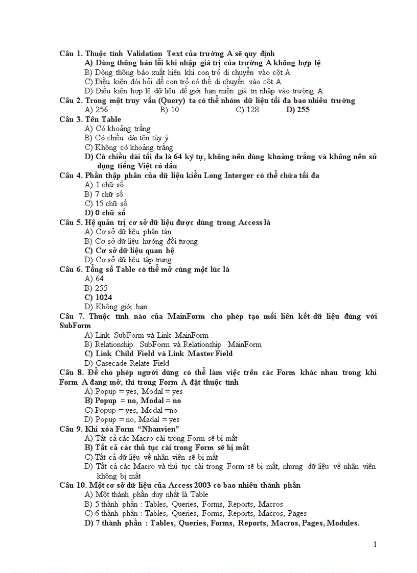 Câu hỏi trắc nghiệm Microsoft Access