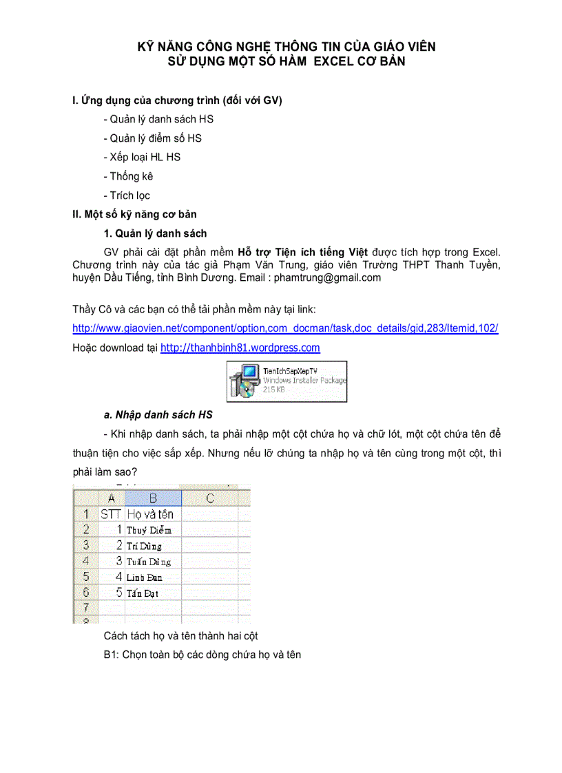 Một số hàm Excel cơ bản