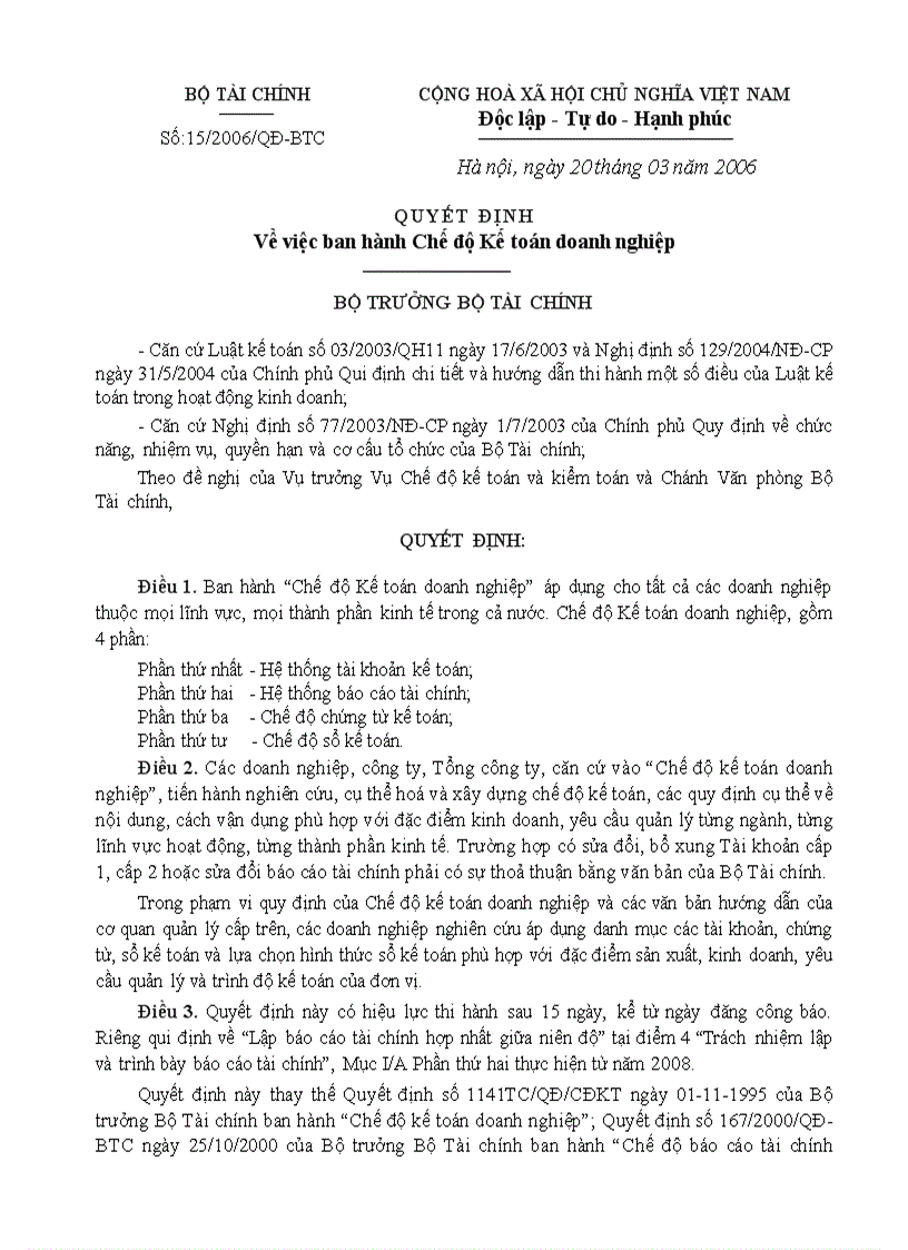 Chế độ kế toán Doanh nghiệp mới 2006