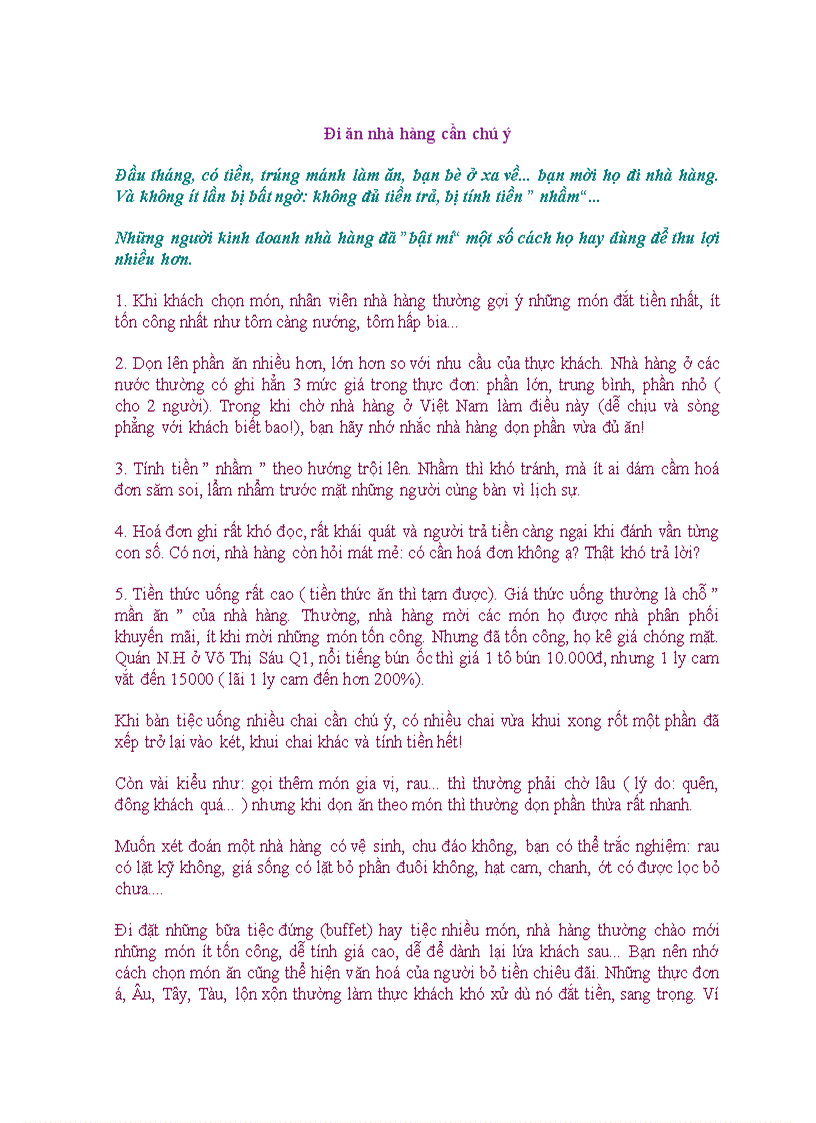 Đi ăn nhà hàng cần chú ý