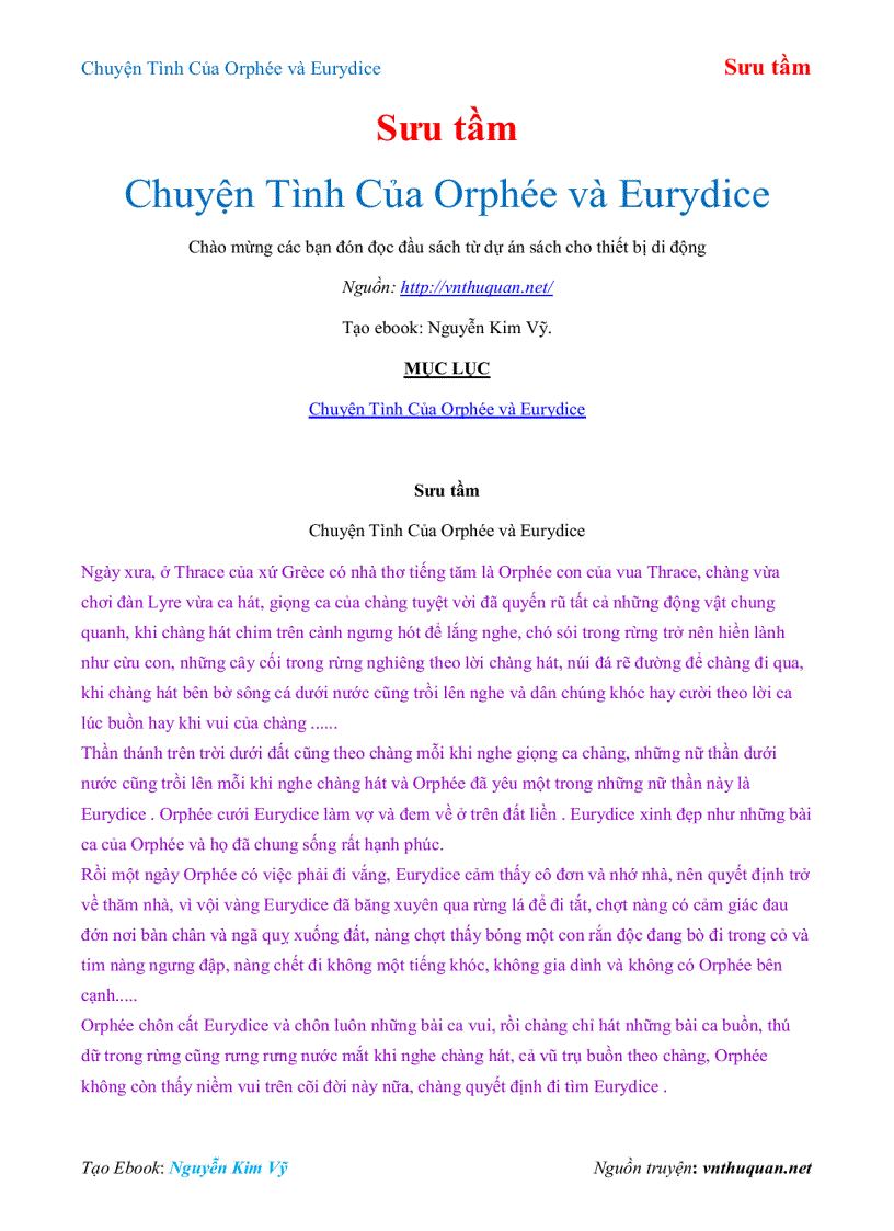 Ebook Chuyện Tình Của Orphée và Eurydice