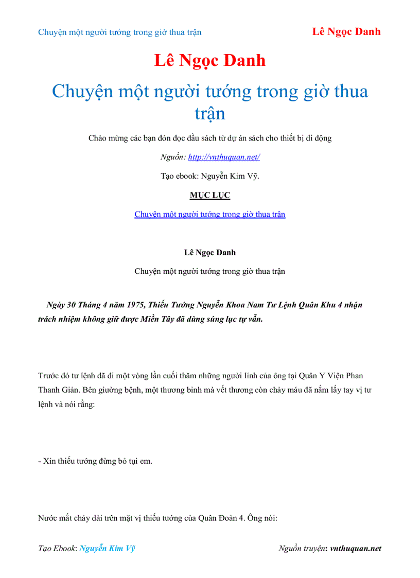 Ebook Chuyện một người tướng trong giờ thua trận Lê Ngọc Danh