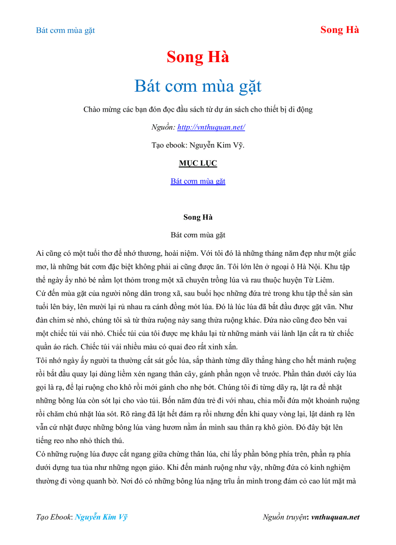 Ebook Bát cơm mùa gặt Song Hà