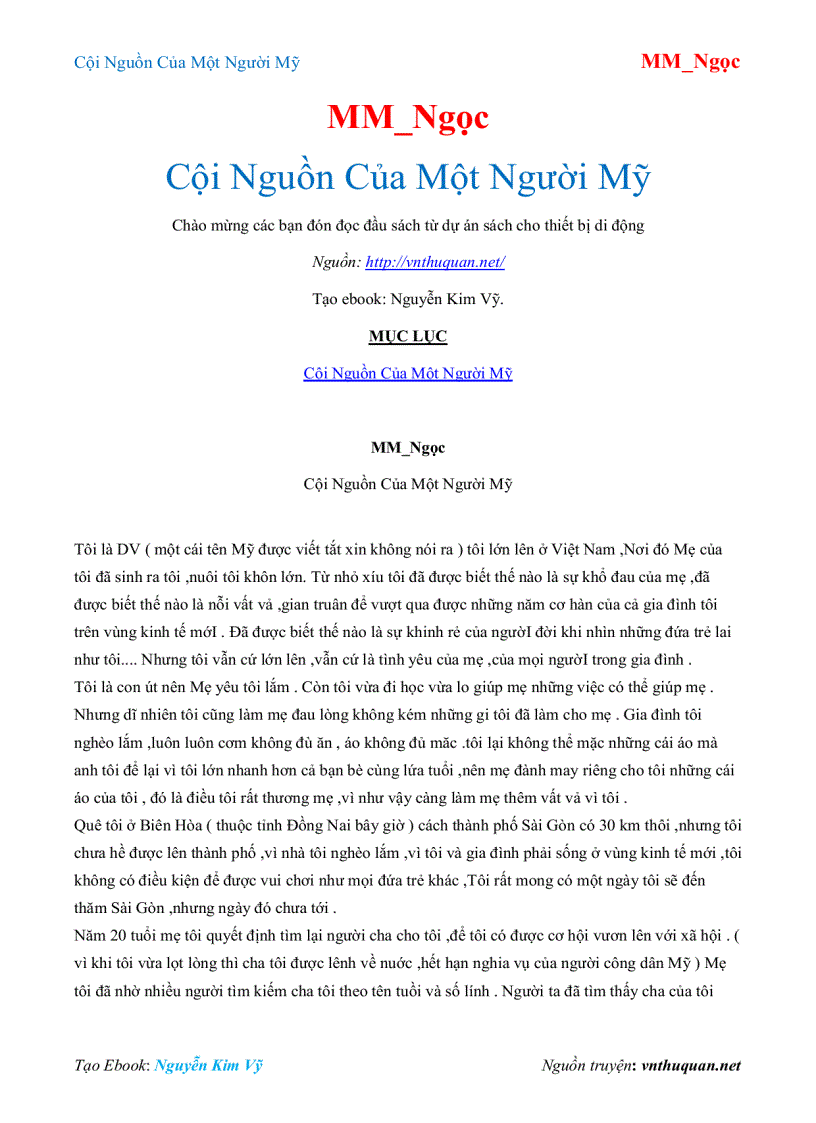 Ebook Cội Nguồn Của Một Người Mỹ MM Ngọc