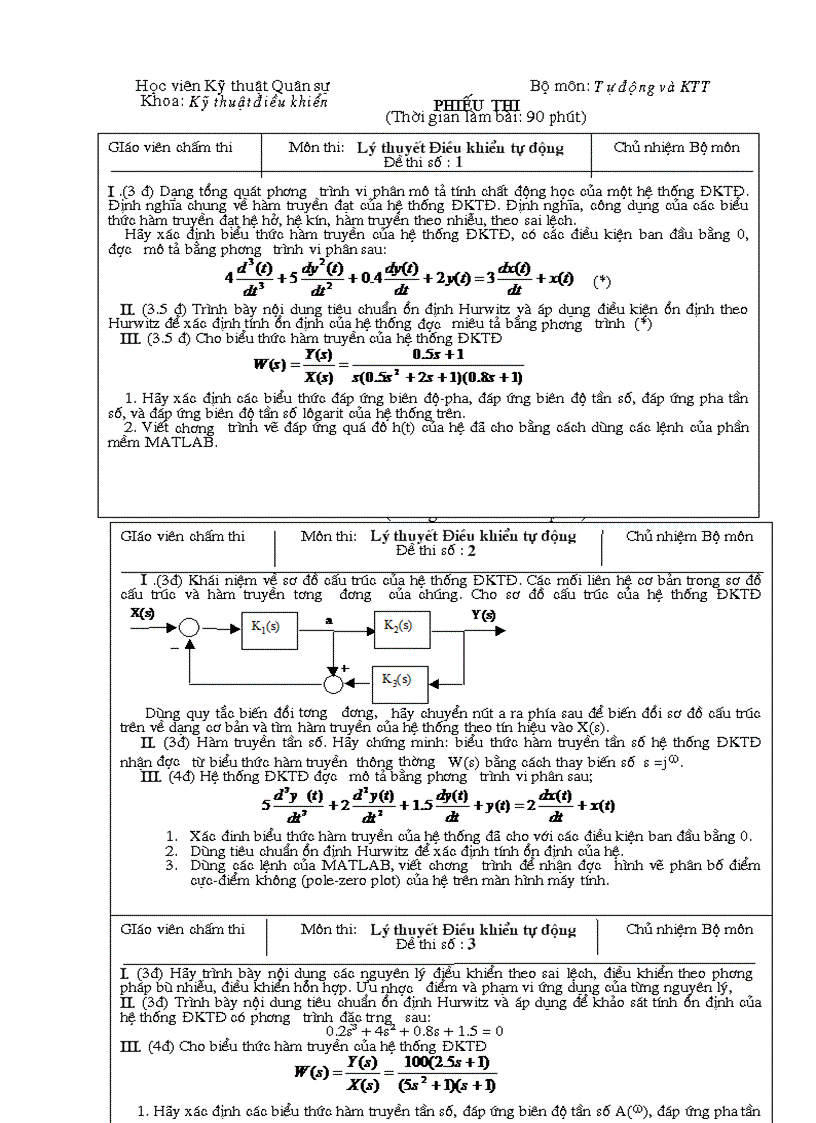 43 câu hỏi Lý thuyêt điều khiển và điều chỉnh tự động đề thi 1