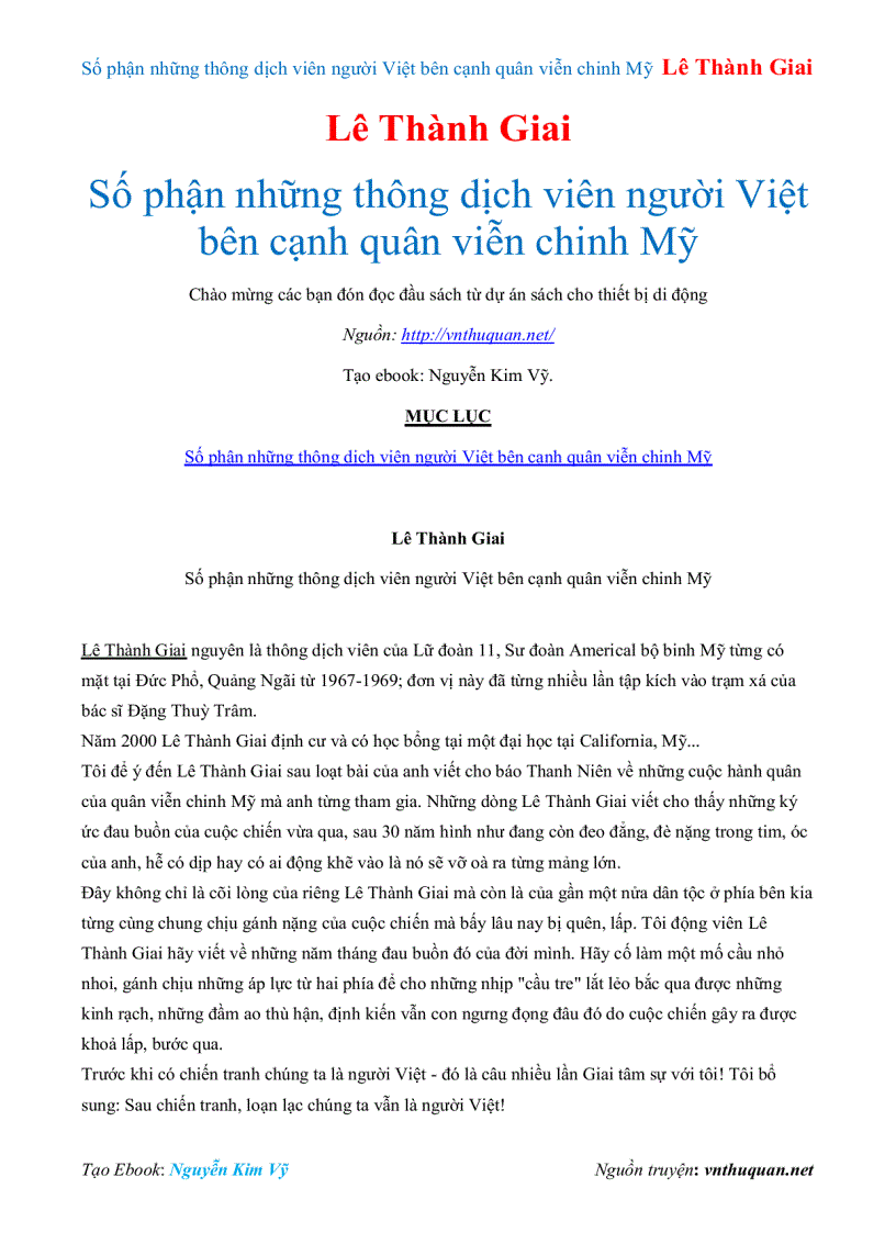 Ebook Số phận những thông dịch viên người Việt bên cạnh quân viễn chinh Mỹ Lê Thành Giai