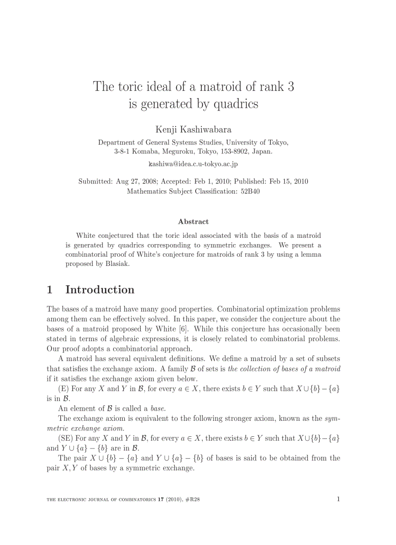 The toric ideal of a matroid of rank 3 is generated by quadrics