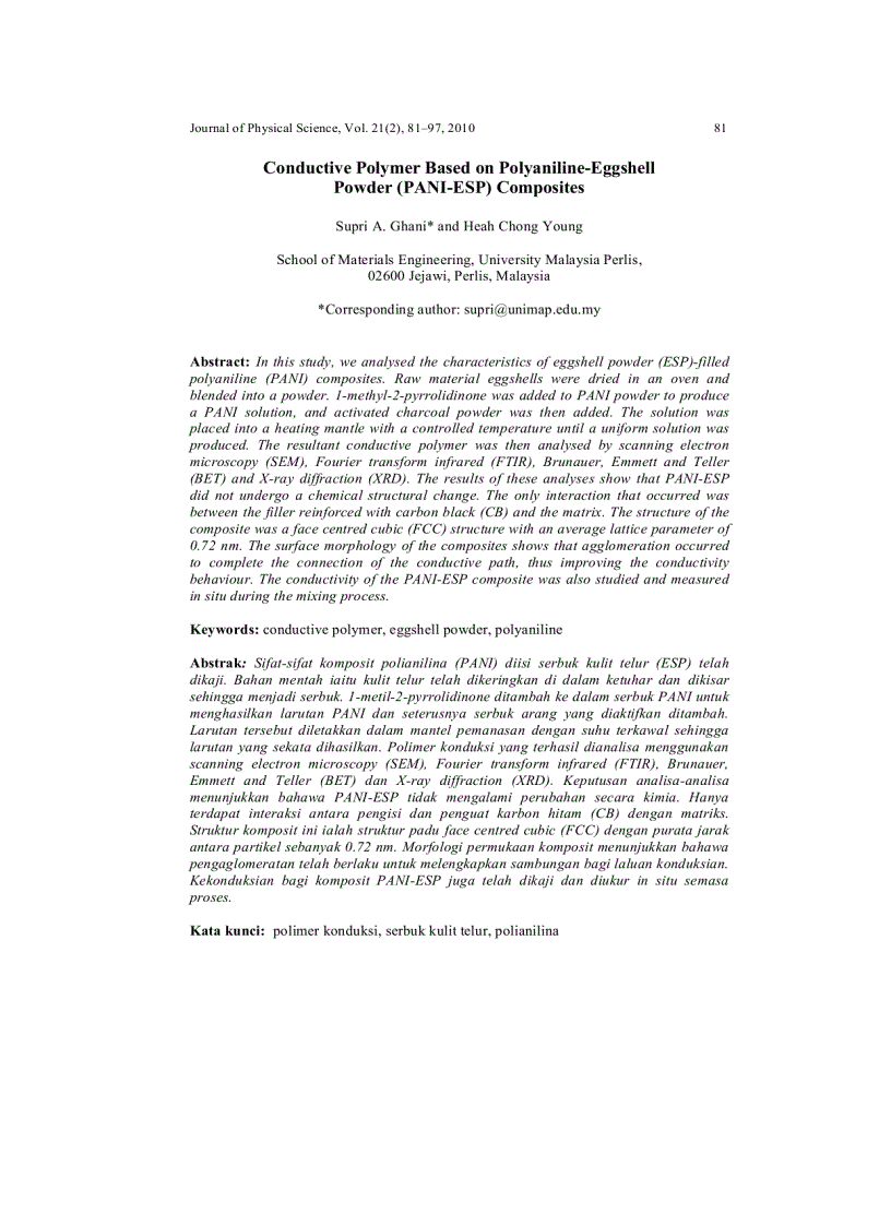 Conductive Polymer Based on Polyaniline Eggshell Powder PANI ESP Composites