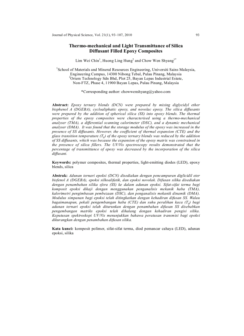 Thermo mechanical and Light Transmittance of Silica Diffusant Filled Epoxy Composites