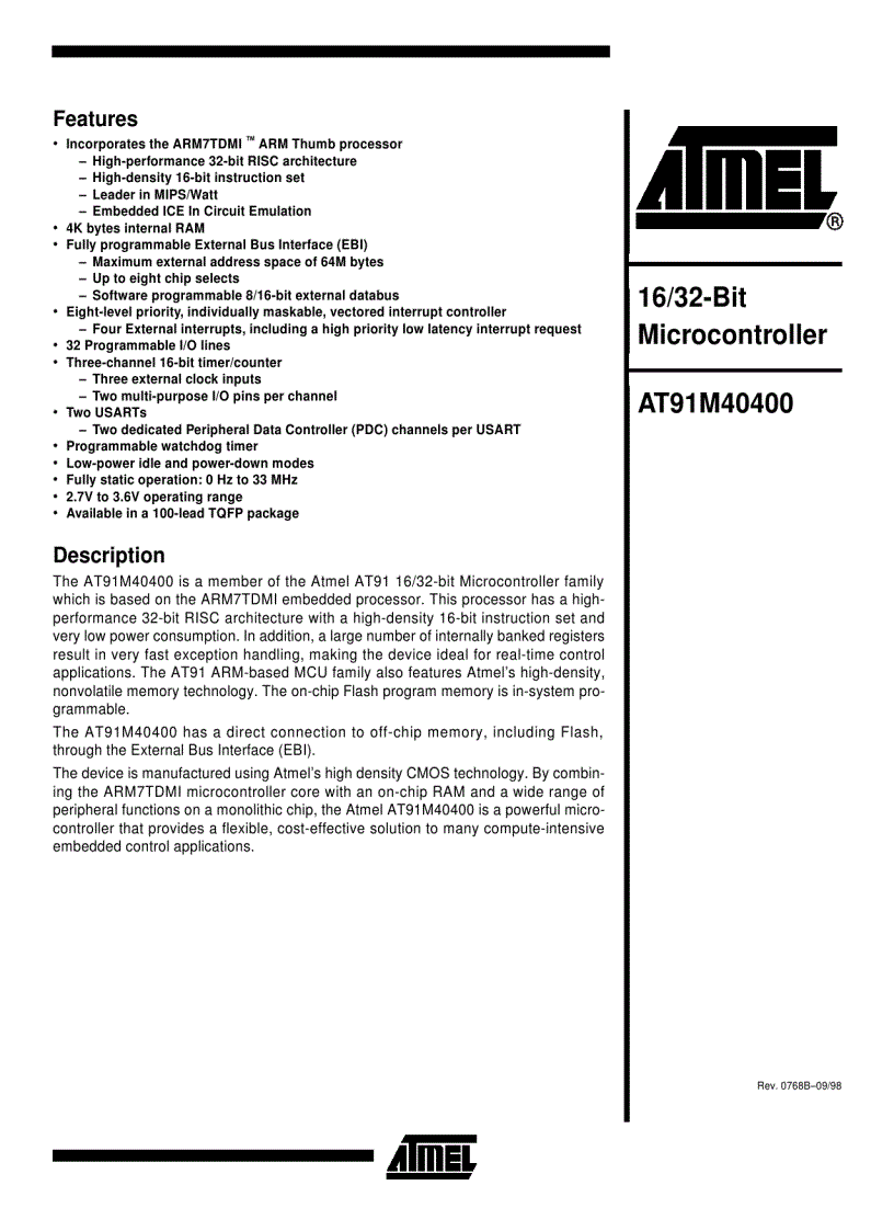 Atmel Corporation ARM7TDMITM Thumb Datasheet 3