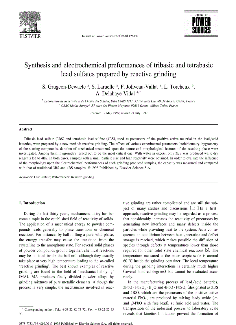 Synthesis and electrochemical preformances of tribasic and tetrabasic lead sulfates prepared by reactive grinding