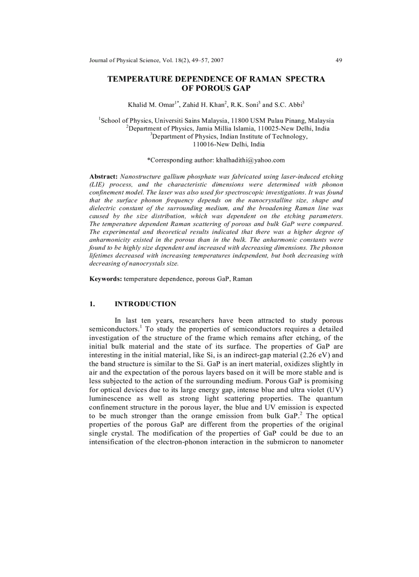 Temperature dependence of raman spectra of porous gap