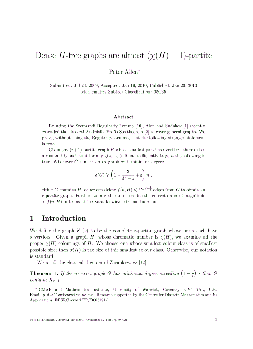 Dense H free graphs are almost χ H 1 partite