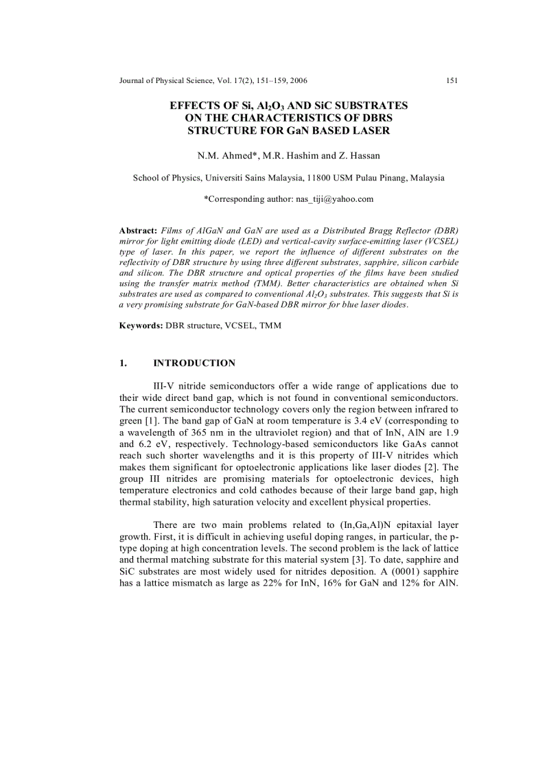 EFFECTS OF Si Al2O3 AND SiC SUBSTRATES ON THE CHARACTERISTICS OF DBRS STRUCTURE FOR GaN BASED LASER