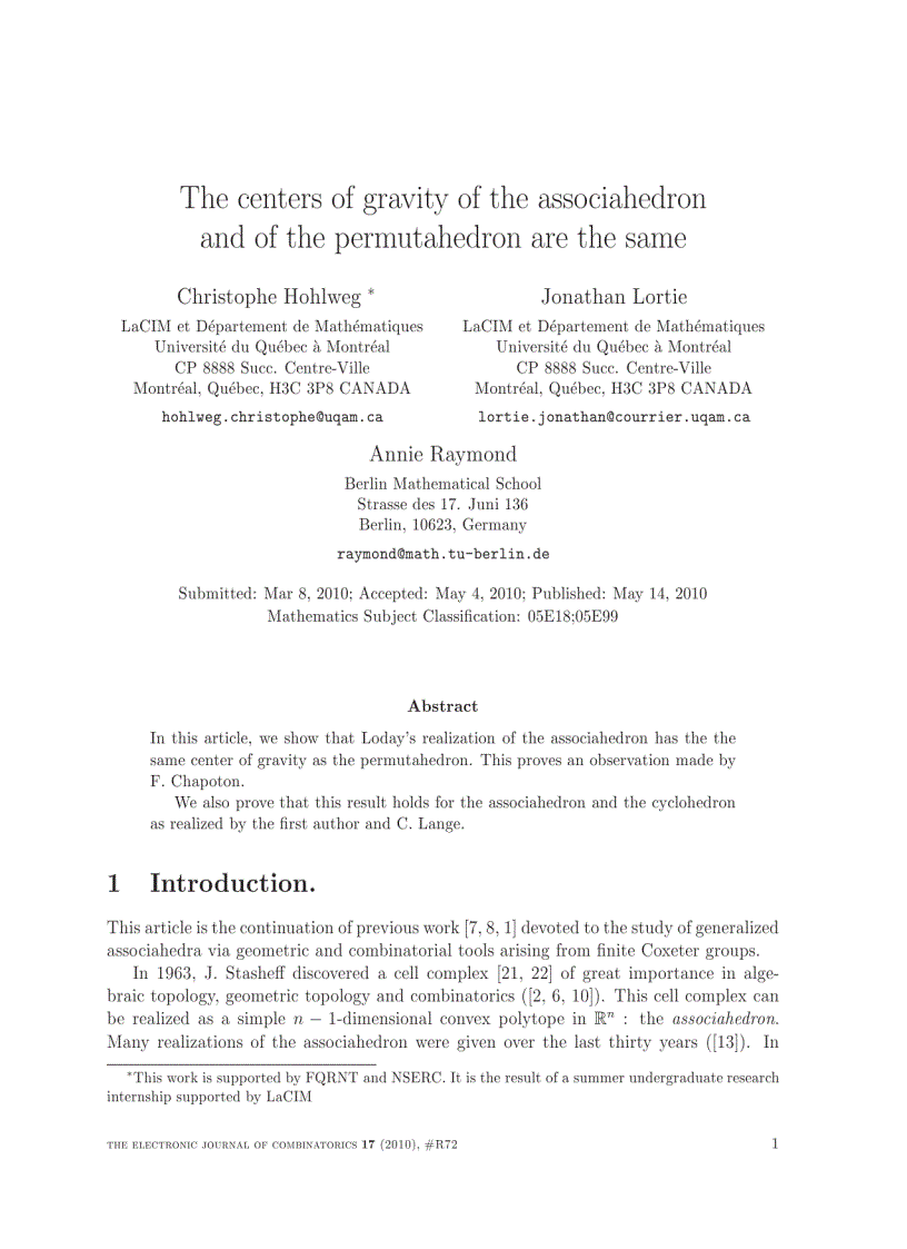 The centers of gravity of the associahedron and of the permutahedron are the same