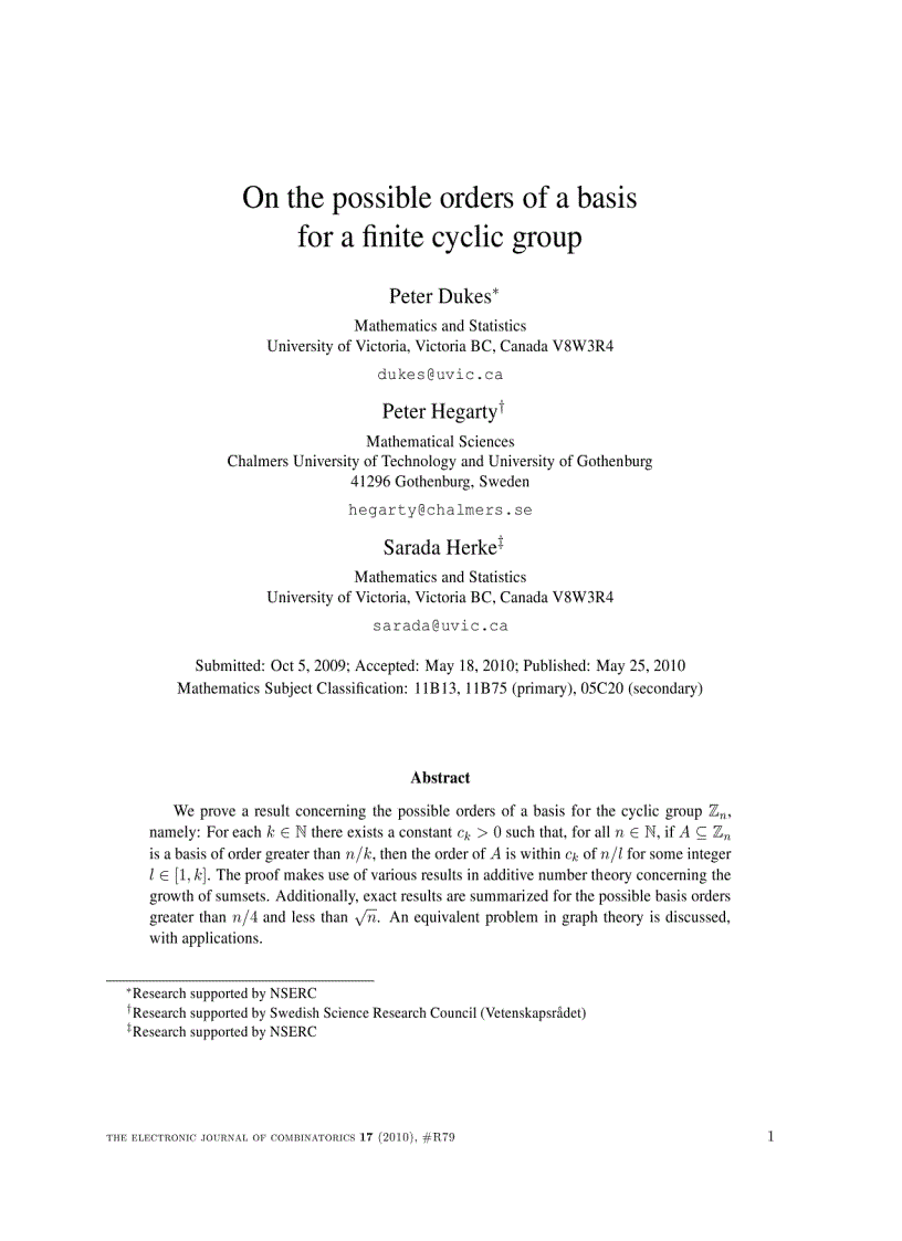 On the possible orders of a basis for a ﬁnite cyclic group