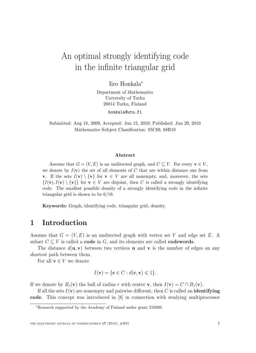 An optimal strongly identifying code in the inﬁnite triangular grid