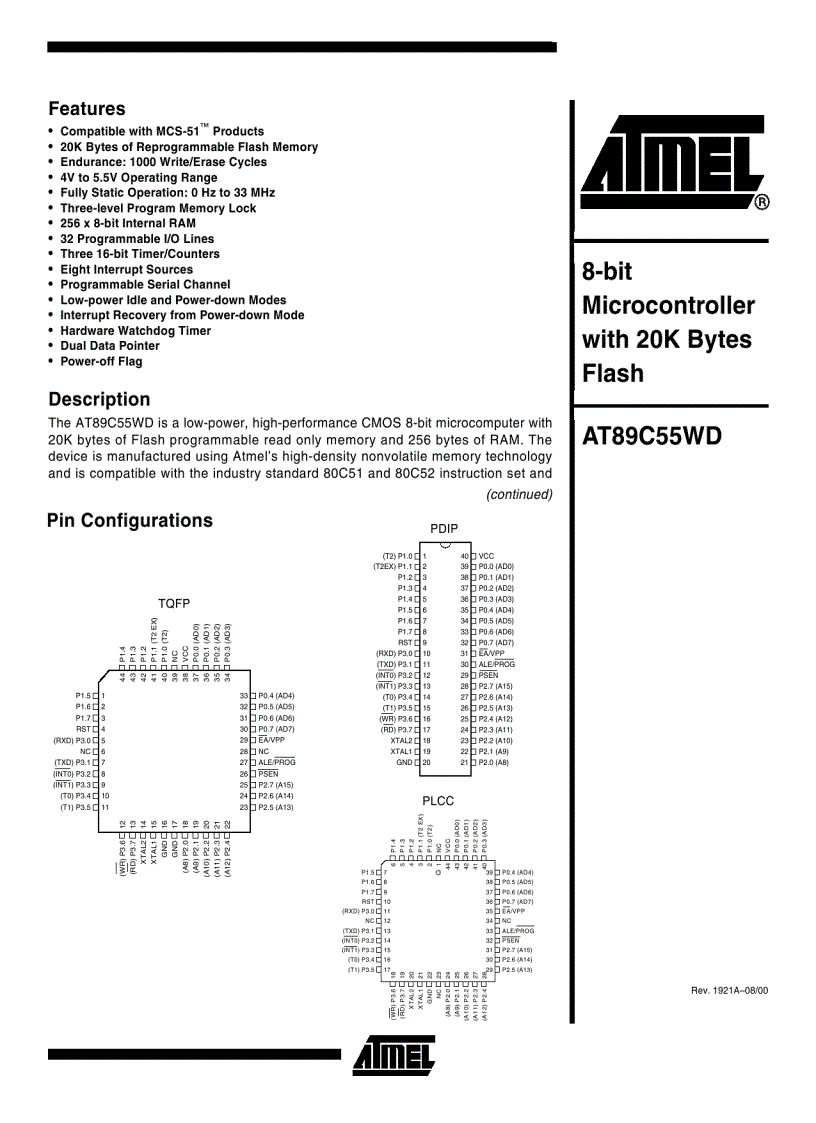 8 Bit Microcontroller with 4K Bytes Flash AT89C51 52 55 55WD 3