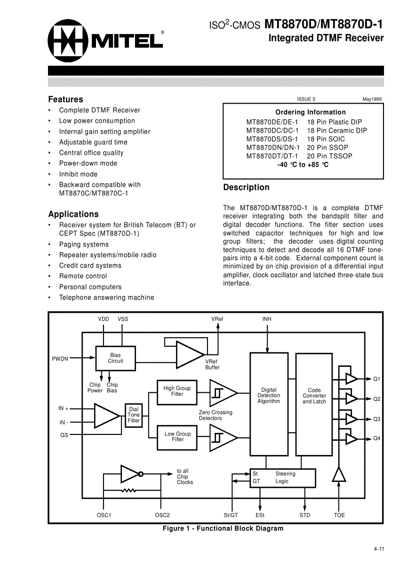 MT8870D MT8870D 1 Integrated DTMF Receiver