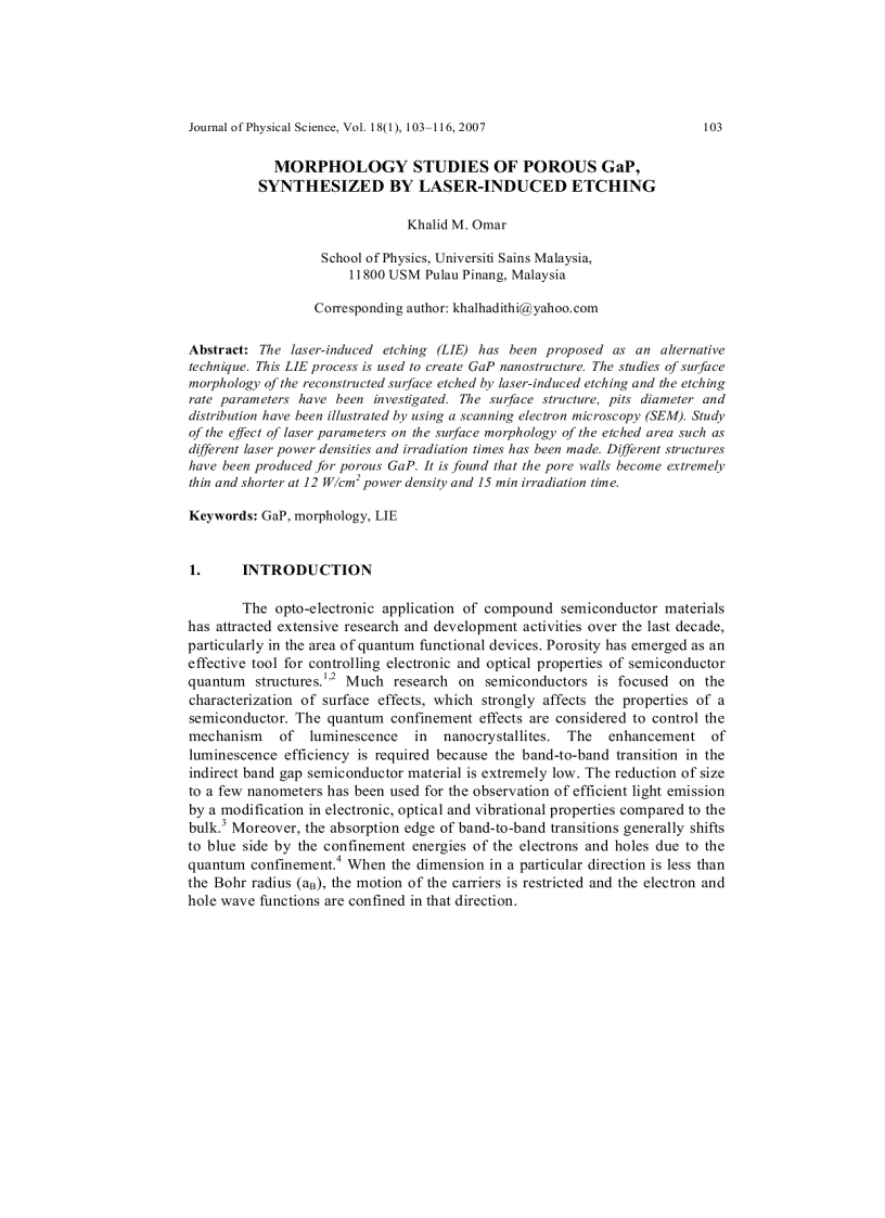 MORPHOLOGY STUDIES OF POROUS GaP SYNTHESIZED BY LASER INDUCED ETCHING