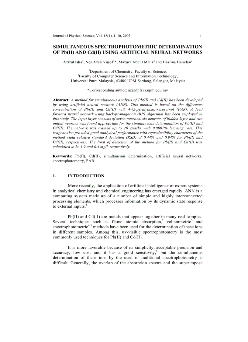 SIMULTANEOUS SPECTROPHOTOMETRIC DETERMINATION OF Pb II AND Cd II USING ARTIFICIAL NEURAL NETWORKS