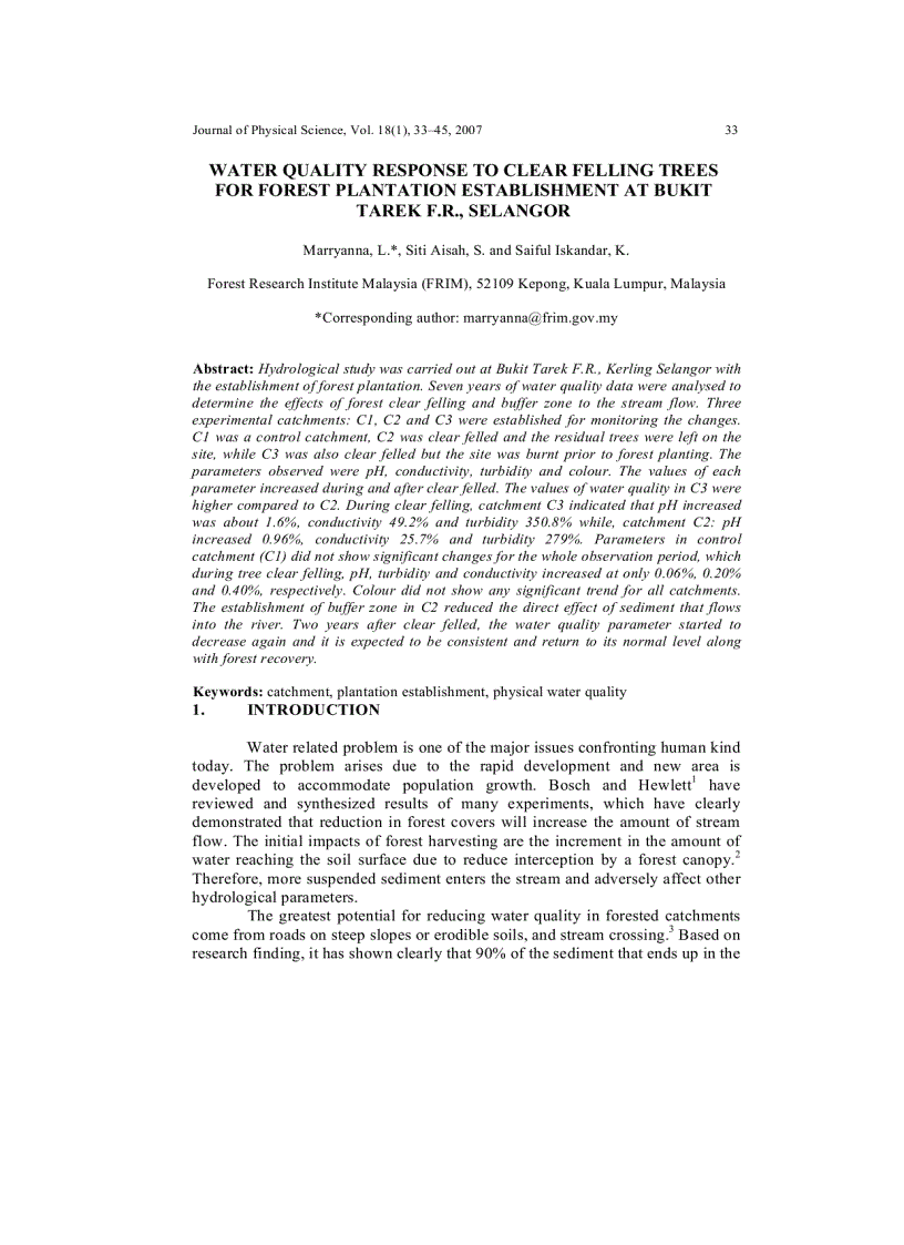 Water quality response to clear felling trees for forest plantation establishment at bukit tarek f r selangor