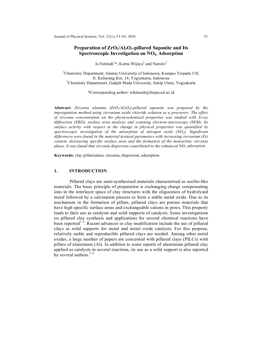 Preparation of ZrO2 Al2O3 pillared Saponite and Its Spectroscopic Investigation on NOX Adsorption