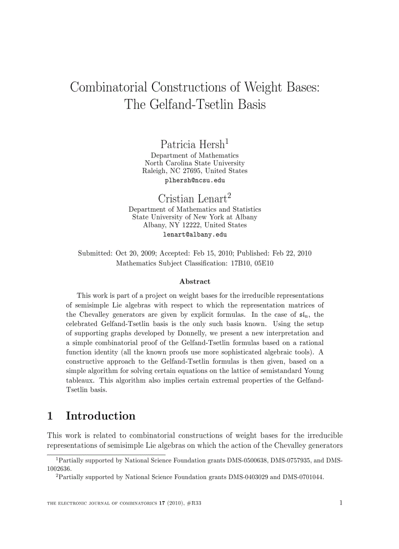 Combinatorial Constructions of Weight Bases The Gelfand Tsetlin Basis