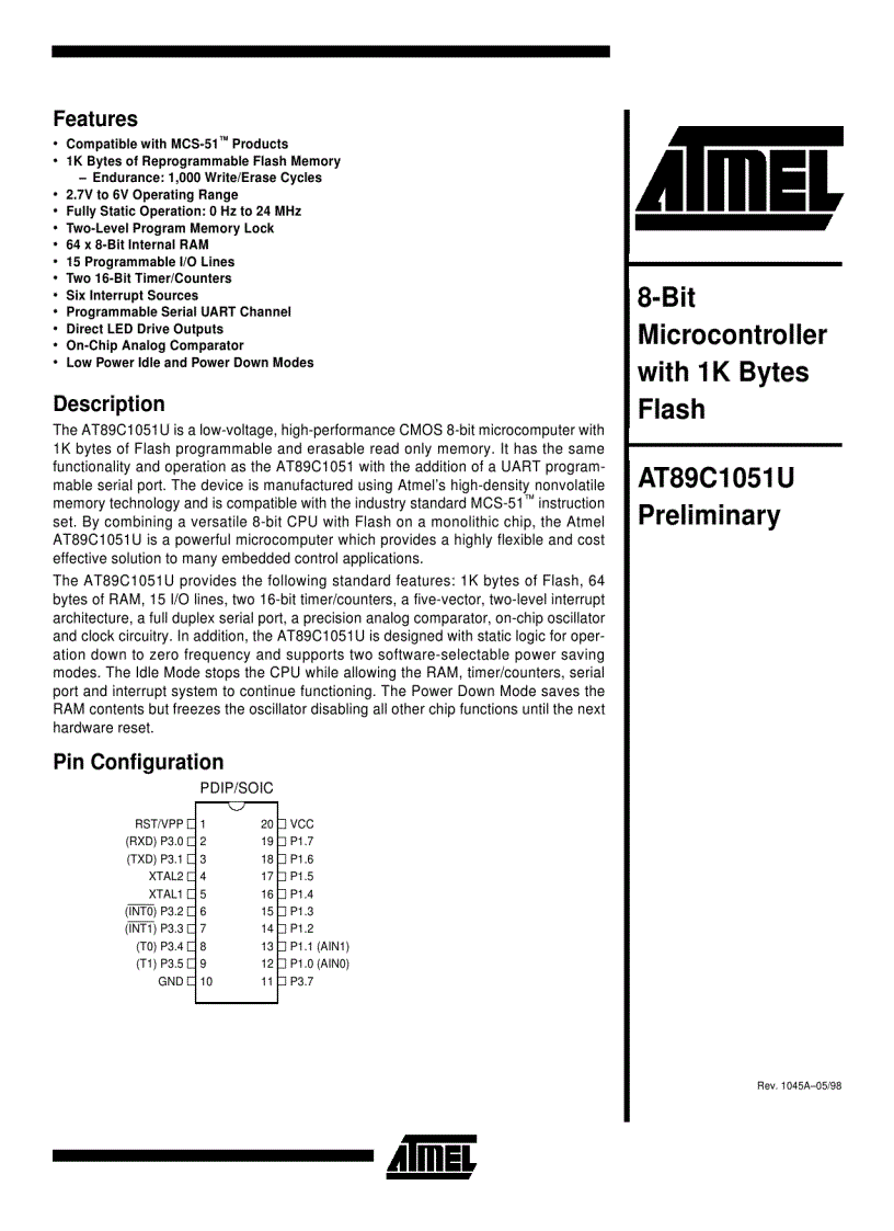 8 Bit Microcontroller with 1K Byte Flash AT89C1051 4051 1