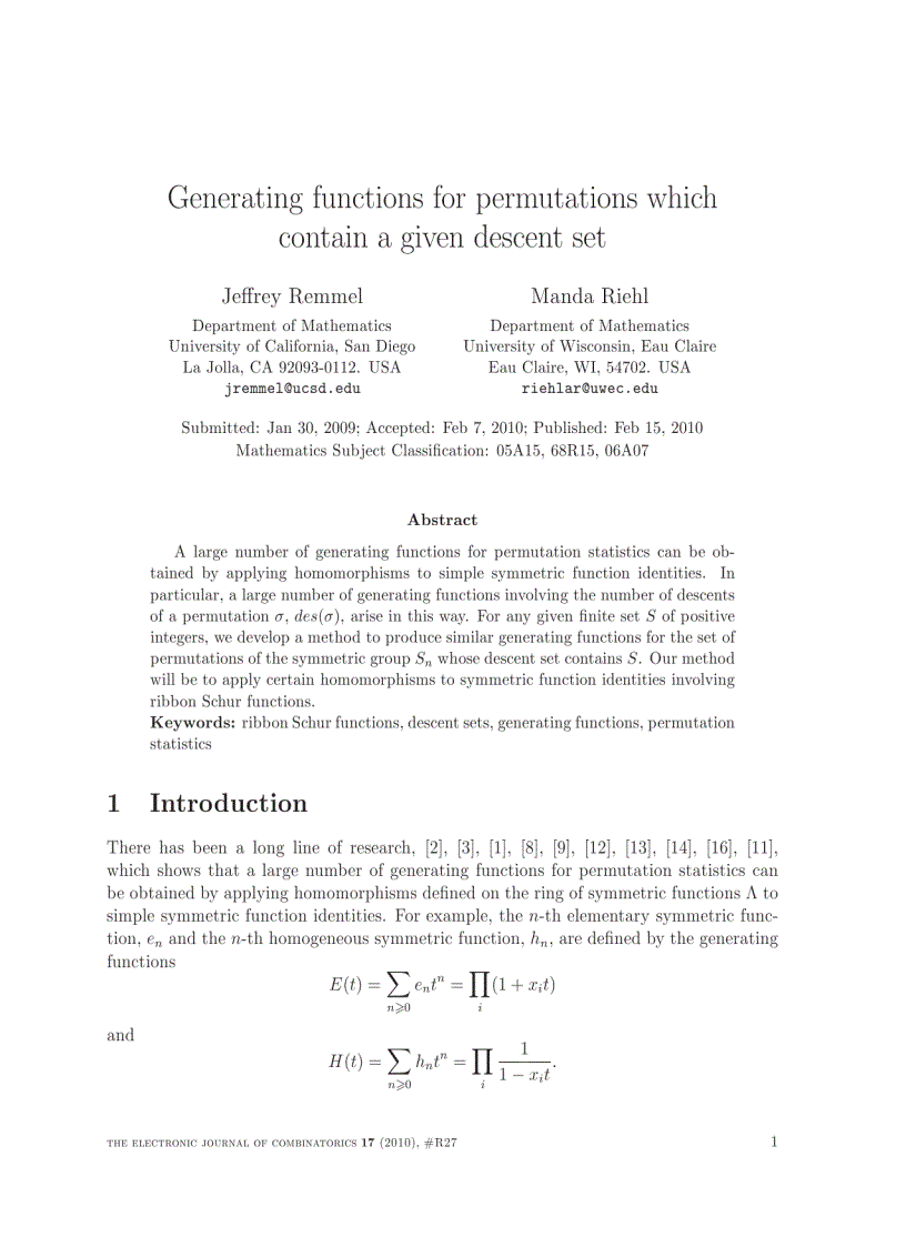 Generating functions for permutations which contain a given descent set