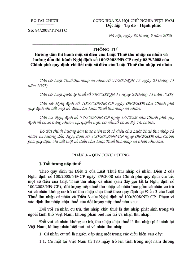 THÔNG TƯ Hướng dẫn thi hành một số điều của Luật Thuế thu nhập cá nhân và hướng dẫn thi hành Nghị định số 100 2008 NĐ CP ngày 08 9 2008 của Chính phủ quy định chi tiết một số điều của Luật