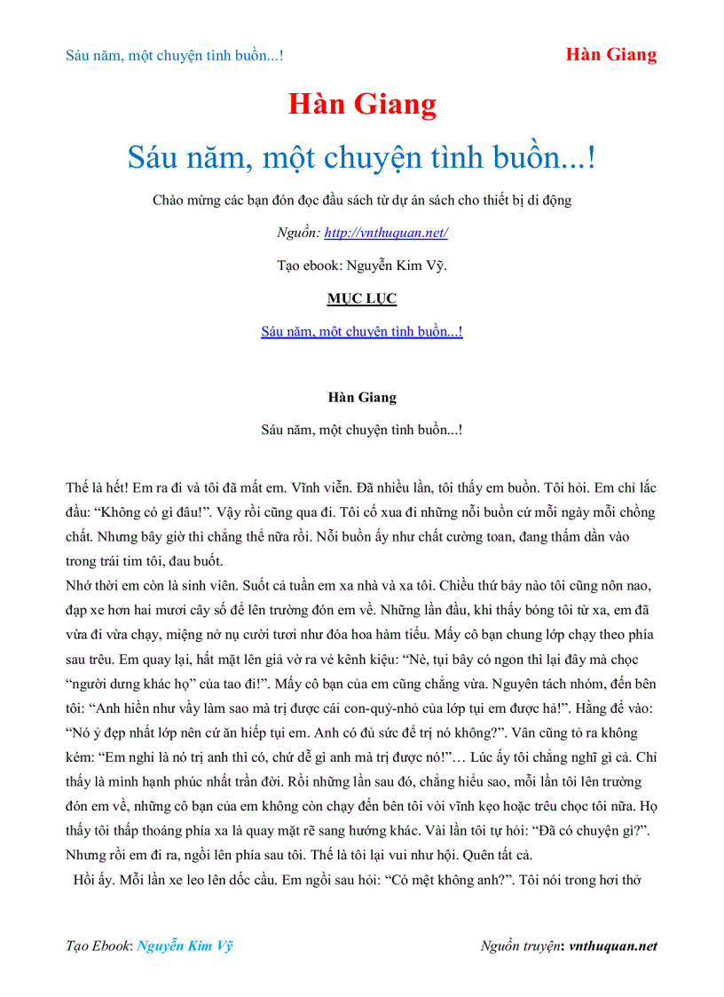 Ebook Sáu năm một chuyện tình buồn Hàn Giang