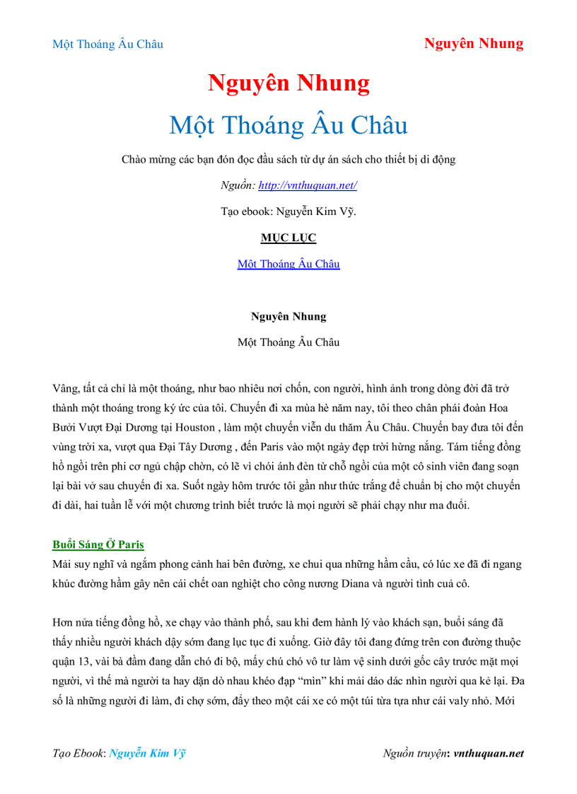 Ebook Một Thoáng Âu Châu Nguyên Nhung