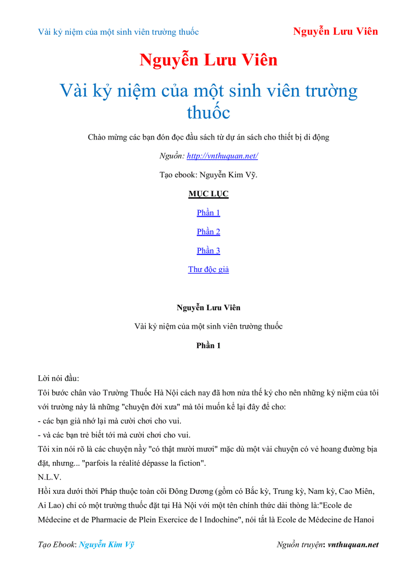 Ebook Vài kỷ niệm của một sinh viên trường thuốc Nguyễn Lưu Viên