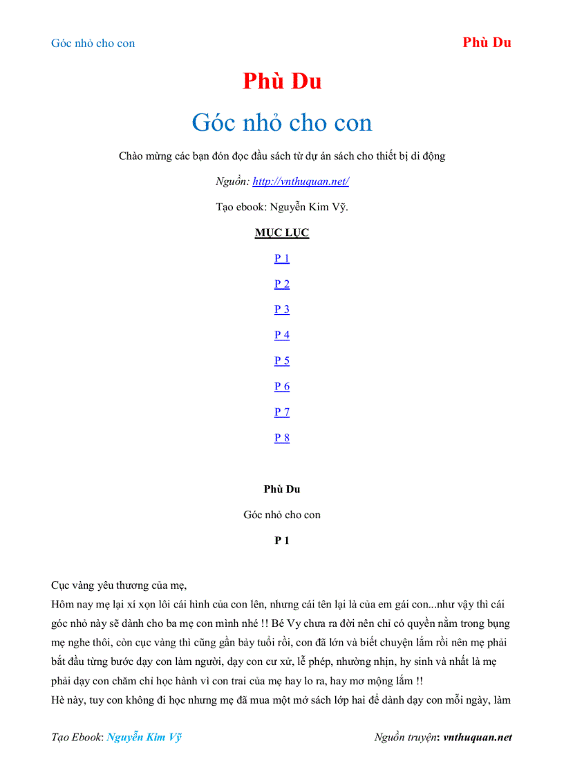 Ebook Góc nhỏ cho con Phù Du