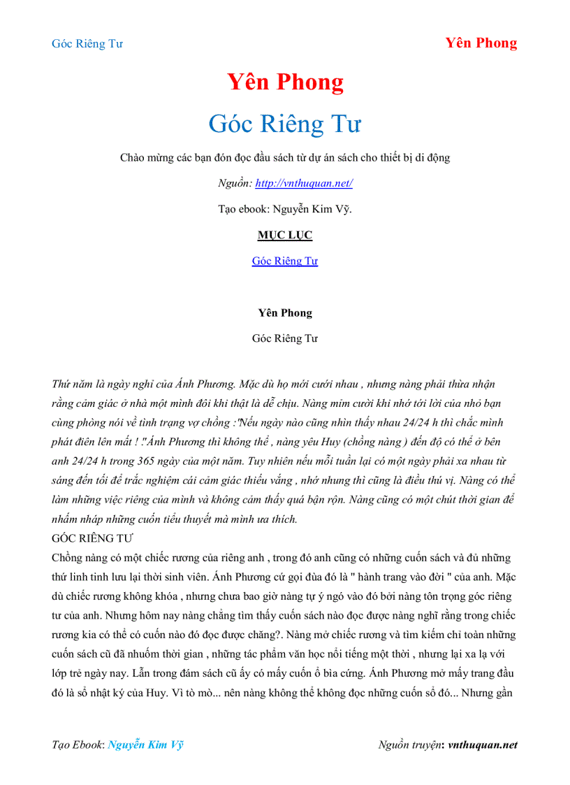 Ebook Góc Riêng Tư Yên Phong