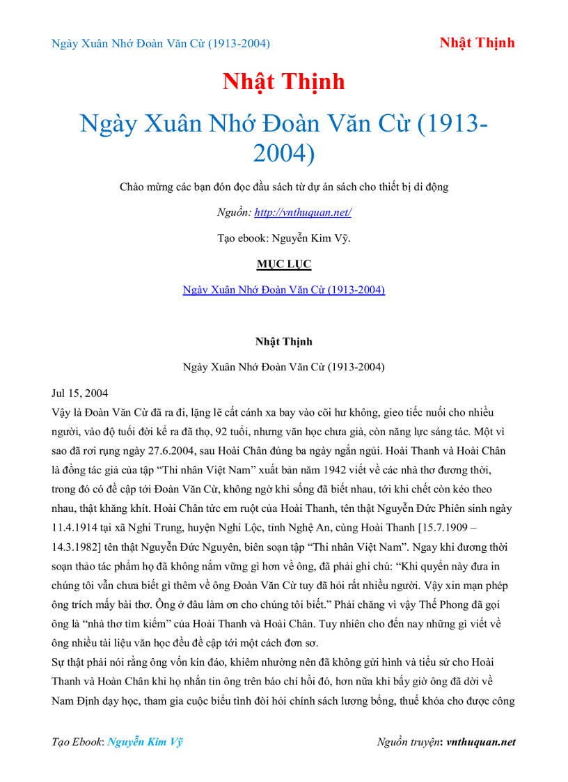 Ebook Ngày Xuân Nhớ Đoàn Văn Cừ 1913 2004 Nhật Thịnh