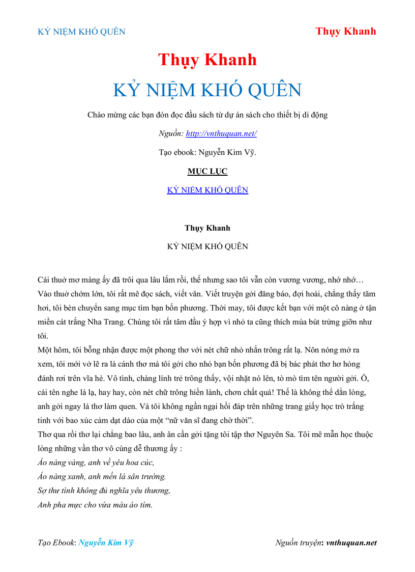 Ebook KỶ NIỆM KHÓ QUÊN Thụy Khanh