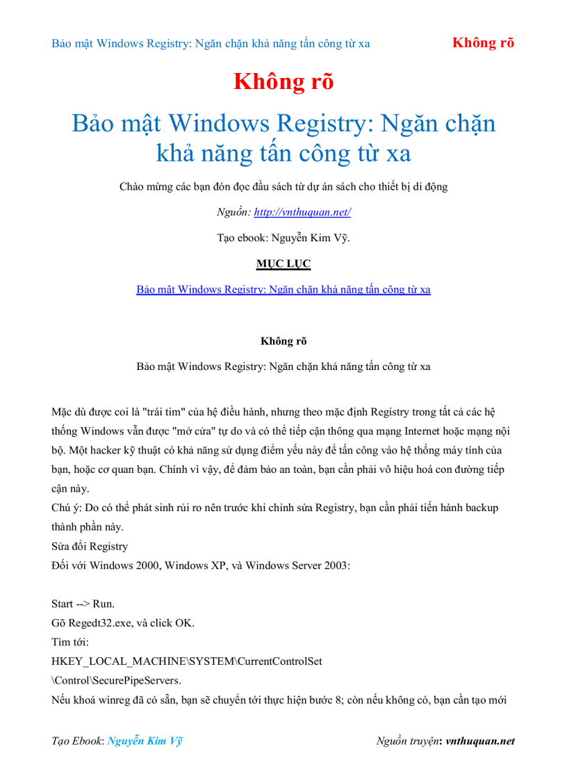 Ebook Bảo mật Windows Registry Ngăn chặn khả năng tấn công từ xa Không rõ