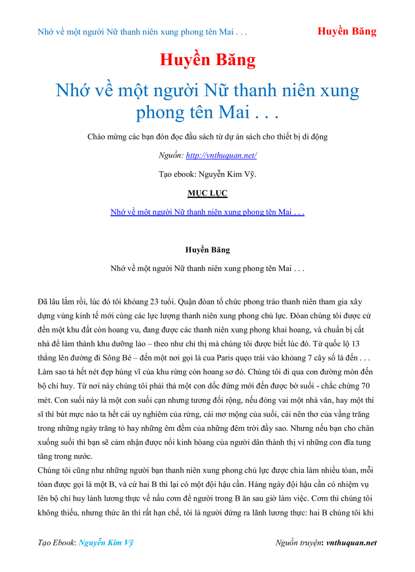 Ebook Nhớ về một người Nữ thanh niên xung phong tên Mai Huyền Băng